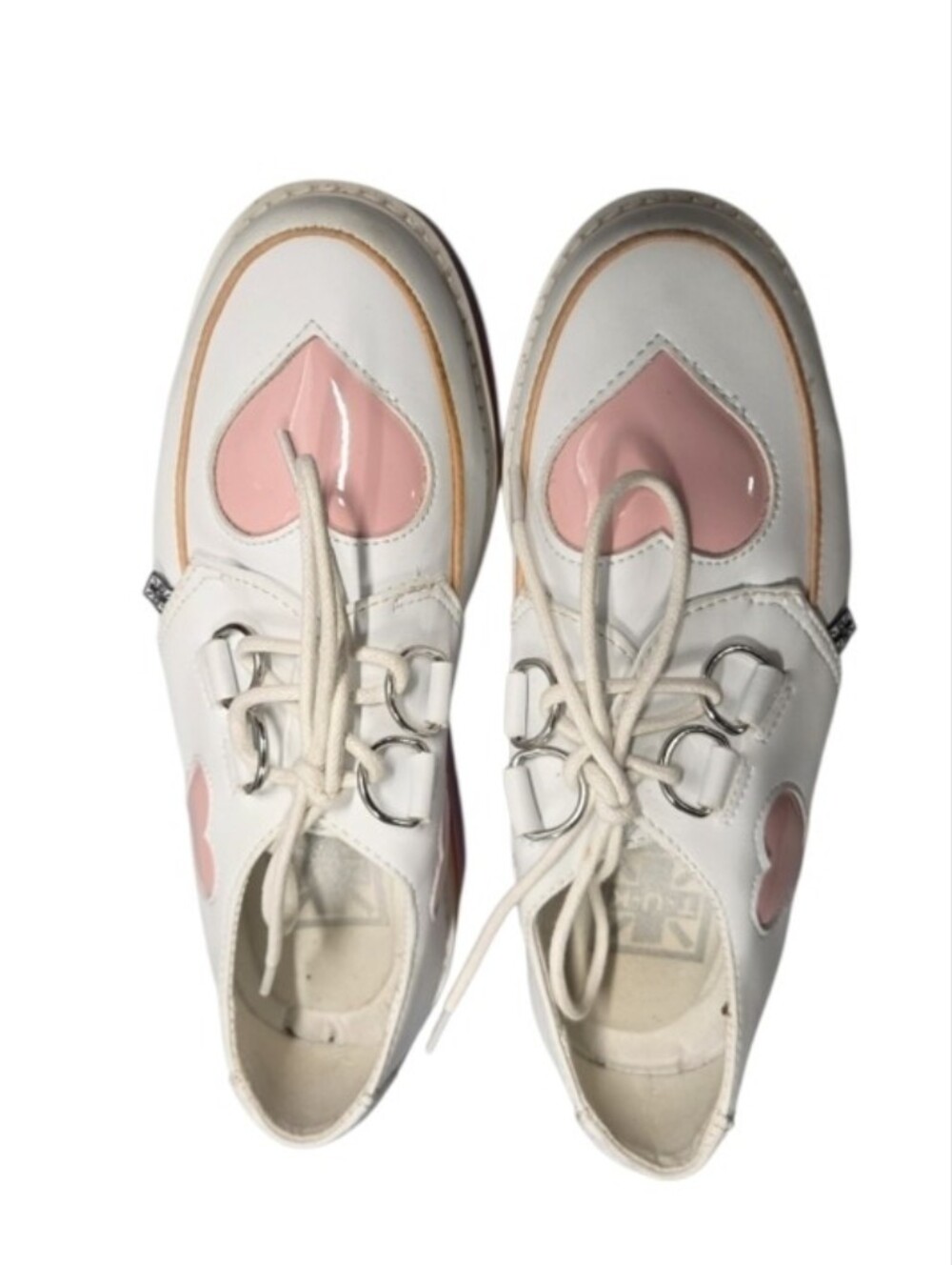 T.U.K Size 7 White Lace-Up with Glossy Pink Heart Accents Platform Shoes